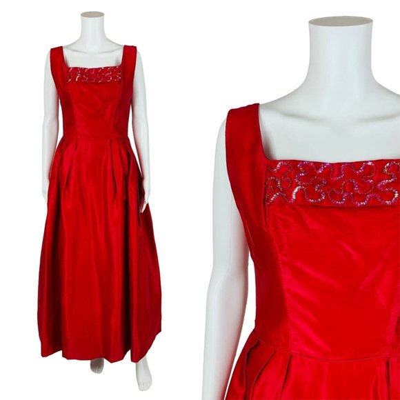 Vintage 1960s Satin Ball Gown Hot Pink Sequins Formal DressW 29"